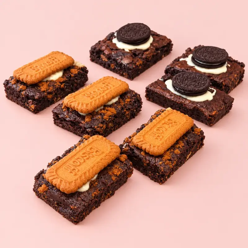 Biscoff and Oreo topped brownies on a blush pink background